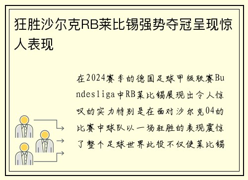 狂胜沙尔克RB莱比锡强势夺冠呈现惊人表现