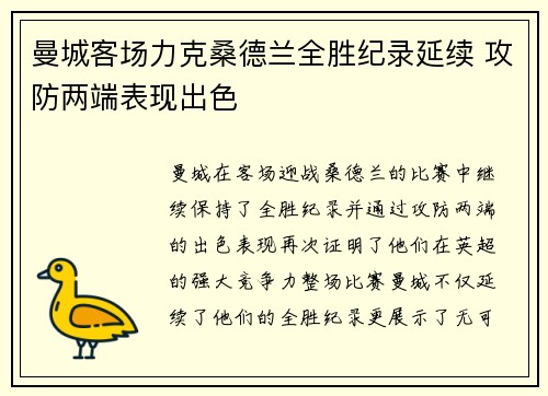 曼城客场力克桑德兰全胜纪录延续 攻防两端表现出色