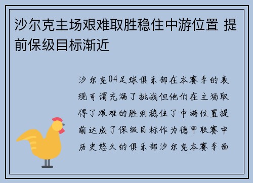 沙尔克主场艰难取胜稳住中游位置 提前保级目标渐近