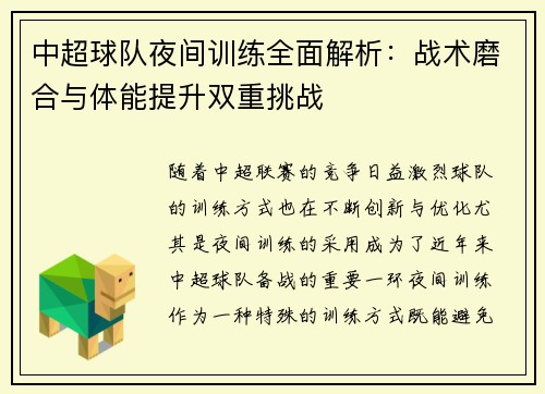 中超球队夜间训练全面解析：战术磨合与体能提升双重挑战